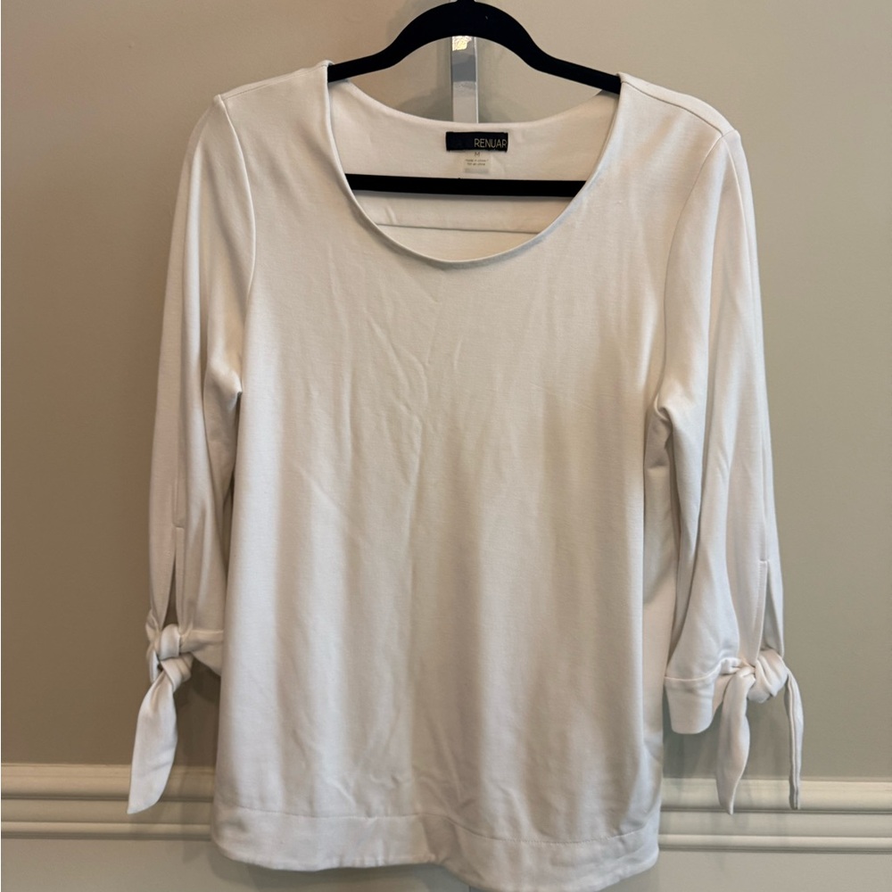 Renuar White 3/4 Sleeve Tie Sleeve Top Blouse Size M Minimalist Chic